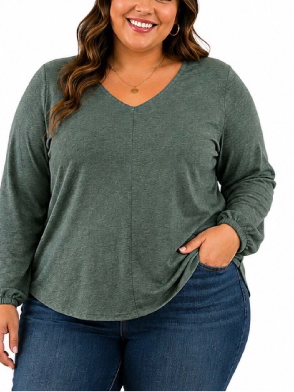 Bobeau Long Sleeve Knit Top Plus-Size V-Neck Long Sleeve Top Olive Green SZ XL